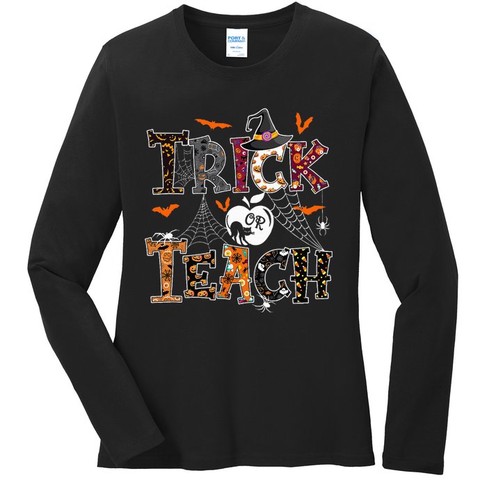 Fall Holiday Themed Thanksgiving Halloween Teacher Trick Or Ladies Long Sleeve Shirt