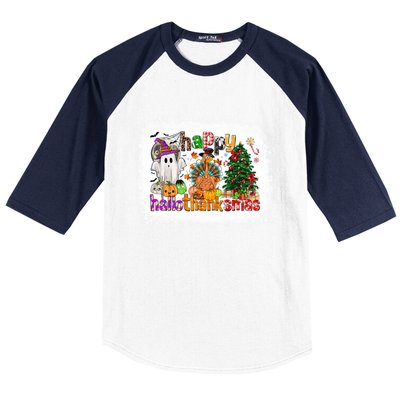 Funny Halloween Thanksgiving Christmas Happy Hallothanksmas Gift Baseball Sleeve Shirt