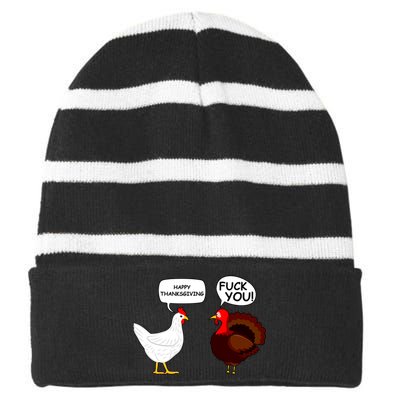 Funny Happy Thanksgiving Chicken Vs Turkey Striped Beanie with Solid Band