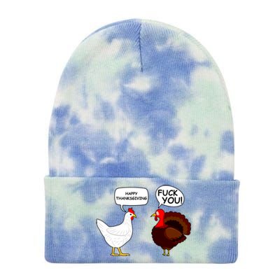 Funny Happy Thanksgiving Chicken Vs Turkey Tie Dye 12in Knit Beanie