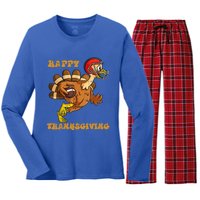 Funny Happy Thanksgiving Turkey Football Gift Women's Long Sleeve Flannel Pajama Set 