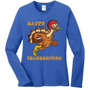 Funny Happy Thanksgiving Turkey Football Gift Ladies Long Sleeve Shirt