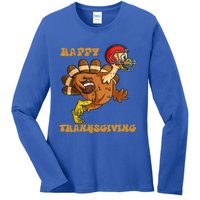 Funny Happy Thanksgiving Turkey Football Gift Ladies Long Sleeve Shirt