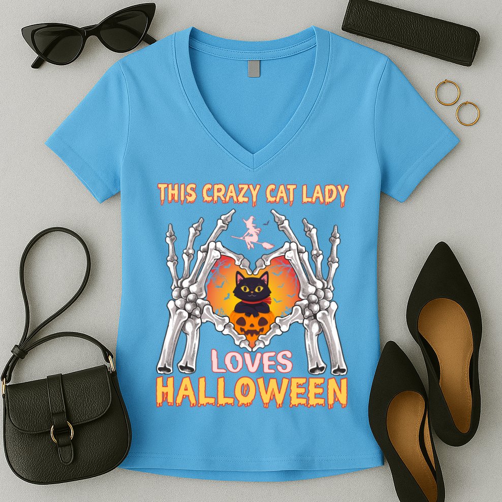 Funny Halloween This Crazy Cat Lady Loves Halloween Women's V-Neck T-Shirt