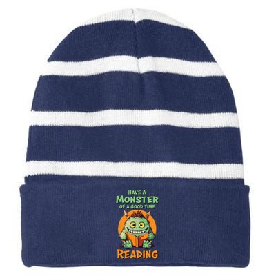 Funny Halloween Teacher Librarian Monster Reading Books Striped Beanie with Solid Band