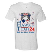 Funny Hawk Tush Messy Bun Design V-Neck T-Shirt