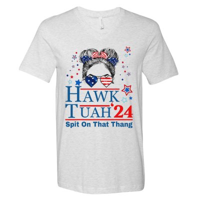 Funny Hawk Tush Messy Bun Design V-Neck T-Shirt