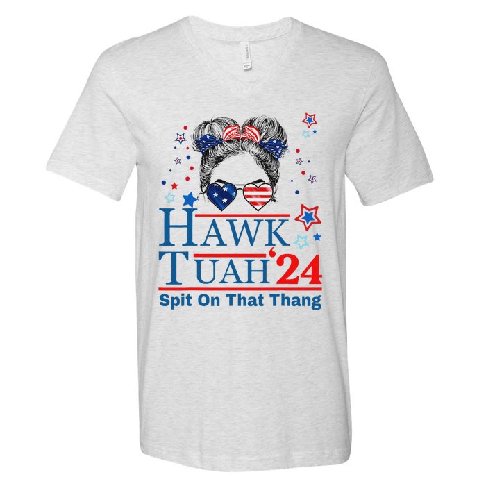 Funny Hawk Tush Messy Bun Design V-Neck T-Shirt