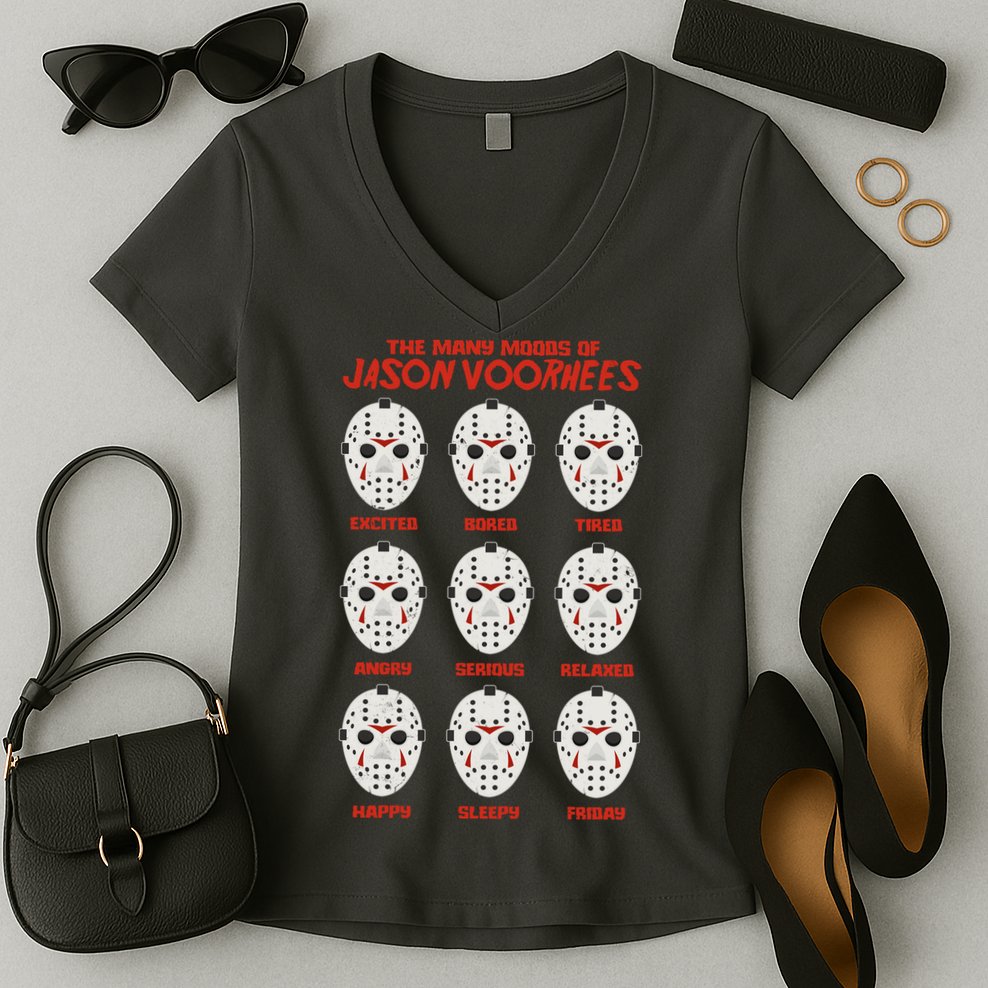 Funny Halloween The Many Moods Of Jason Voorhees Women's V-Neck T-Shirt