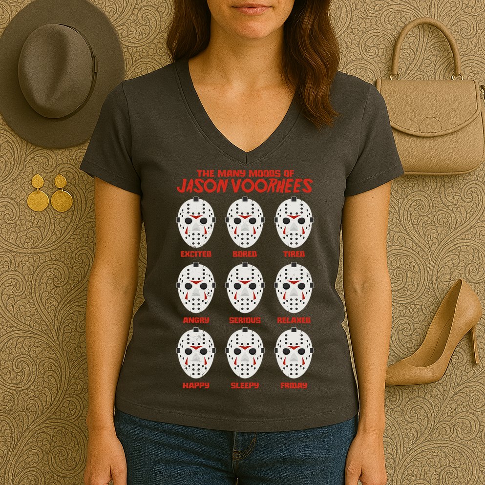 Funny Halloween The Many Moods Of Jason Voorhees Women's V-Neck T-Shirt