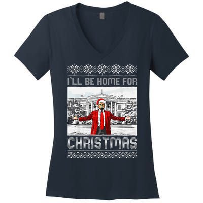 Funny Humorous Trump ILl Be Home For Christmas Ugly Sweater Women's V-Neck T-Shirt