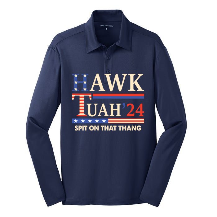 Funny Hawk Tuah 24 Spit On That Thang Silk Touch Performance Long Sleeve Polo