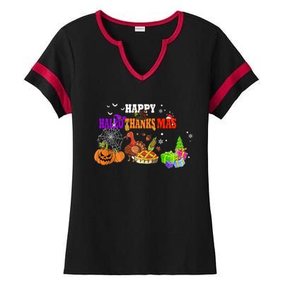 Funny Halloween Thanksgiving Christmas Happy Hallothanksmas Cute Gift Ladies Halftime Notch Neck Tee