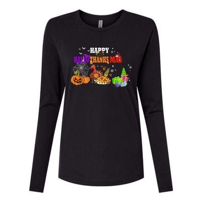 Funny Halloween Thanksgiving Christmas Happy Hallothanksmas Cute Gift Womens Cotton Relaxed Long Sleeve T-Shirt