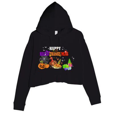 Funny Halloween Thanksgiving Christmas Happy Hallothanksmas Cute Gift Crop Fleece Hoodie