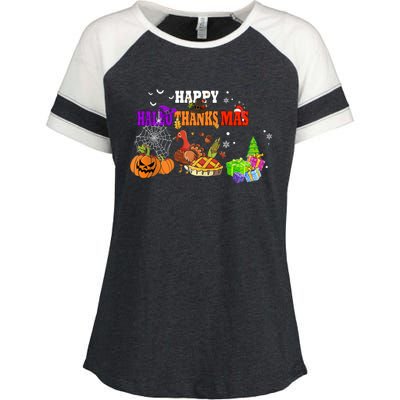 Funny Halloween Thanksgiving Christmas Happy Hallothanksmas Cute Gift Enza Ladies Jersey Colorblock Tee