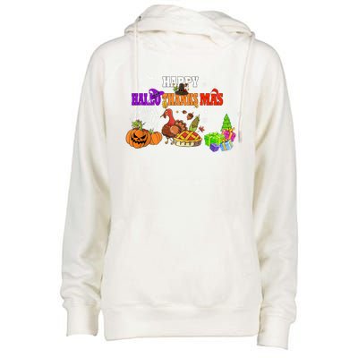 Funny Halloween Thanksgiving Christmas Happy Hallothanksmas Cute Gift Womens Funnel Neck Pullover Hood