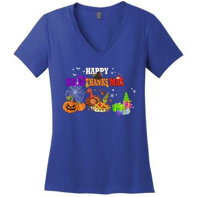 Funny Halloween Thanksgiving Christmas Happy Hallothanksmas Cute Gift Women's V-Neck T-Shirt