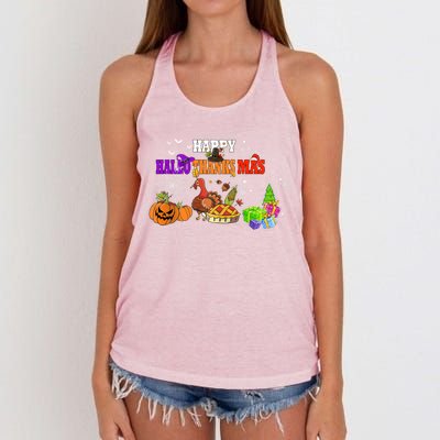 Funny Halloween Thanksgiving Christmas Happy Hallothanksmas Cute Gift Women's Knotted Racerback Tank