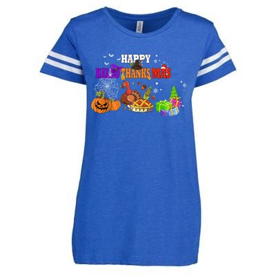 Funny Halloween Thanksgiving Christmas Happy Hallothanksmas Cute Gift Enza Ladies Jersey Football T-Shirt