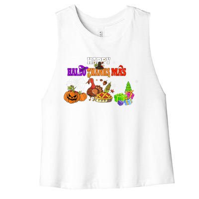 Funny Halloween Thanksgiving Christmas Happy Hallothanksmas Cute Gift Women's Racerback Cropped Tank