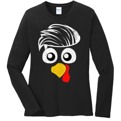 Funny Handsom Turkey Face, Hairstyle for Thanksgiving party Ladies Long Sleeve Shirt