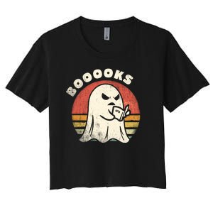 Funny Halloween Teacher Booooks Ghost Reading Book Women's Crop Top Tee