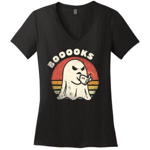 Funny Halloween Teacher Booooks Ghost Reading Book Women's V-Neck T-Shirt