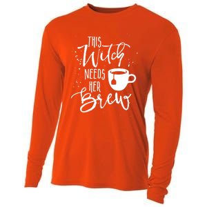 Funny Halloween Tea Gift Witch Needs Her Brew Cup Funny Gift Cooling Performance Long Sleeve Crew