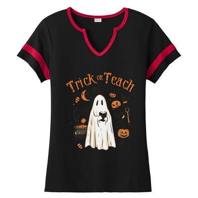 Funny Halloween Trick Or Teach Teachers Gifts Cute Ghost Ladies Halftime Notch Neck Tee