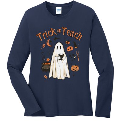 Funny Halloween Trick Or Teach Teachers Gifts Cute Ghost Ladies Long Sleeve Shirt