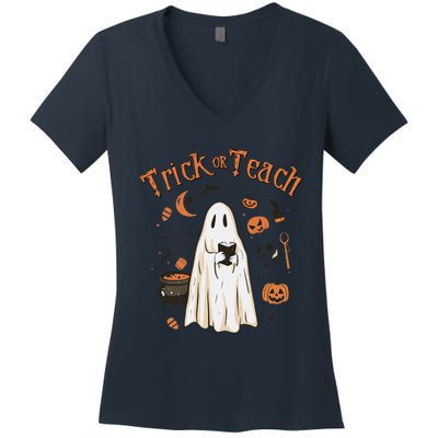 Funny Halloween Trick Or Teach Teachers Gifts Cute Ghost Women's V-Neck T-Shirt