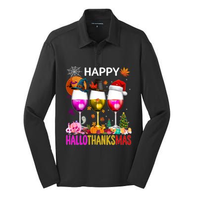 Funny Halloween Thanksgiving Christmas Happy Hallothanksmas Silk Touch Performance Long Sleeve Polo