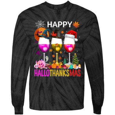 Funny Halloween Thanksgiving Christmas Happy Hallothanksmas Tie-Dye Long Sleeve Shirt