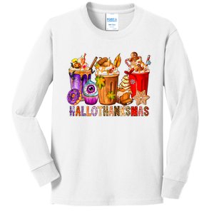 Funny Halloween Thanksgiving Christmas Happy Hallothanksmas Kids Long Sleeve Shirt