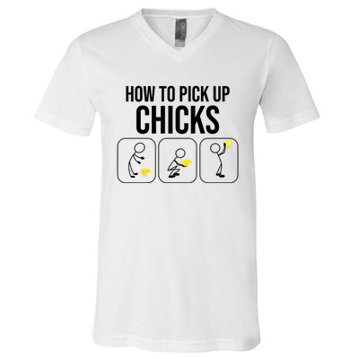 Funny How To Pick Up Chicks Gift Cool Chicken Jokes Cool Gift V-Neck T-Shirt