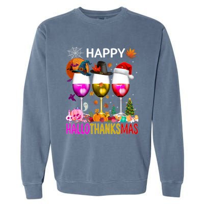 Funny Halloween Thanksgiving Christmas Happy Hallothanksmas Great Gift Garment-Dyed Sweatshirt