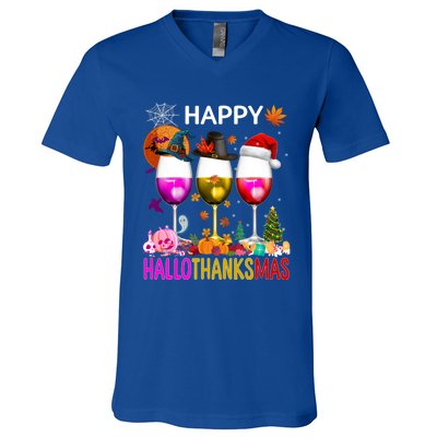 Funny Halloween Thanksgiving Christmas Happy Hallothanksmas Great Gift V-Neck T-Shirt