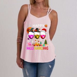 Funny Halloween Thanksgiving Christmas Happy Hallothanksmas Great Gift Women's Strappy Tank