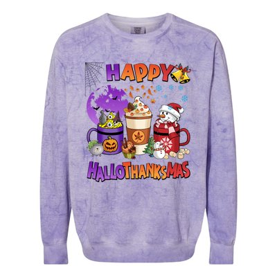 Funny Halloween Thanksgiving Christmas Happy Hallothanksmas Funny Gift Colorblast Crewneck Sweatshirt