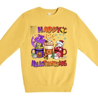 Funny Halloween Thanksgiving Christmas Happy Hallothanksmas Funny Gift Premium Crewneck Sweatshirt