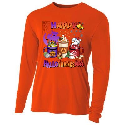 Funny Halloween Thanksgiving Christmas Happy Hallothanksmas Funny Gift Cooling Performance Long Sleeve Crew