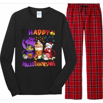 Funny Halloween Thanksgiving Christmas Happy Hallothanksmas Funny Gift Long Sleeve Pajama Set