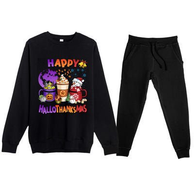 Funny Halloween Thanksgiving Christmas Happy Hallothanksmas Funny Gift Premium Crewneck Sweatsuit Set