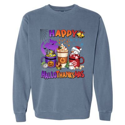 Funny Halloween Thanksgiving Christmas Happy Hallothanksmas Funny Gift Garment-Dyed Sweatshirt