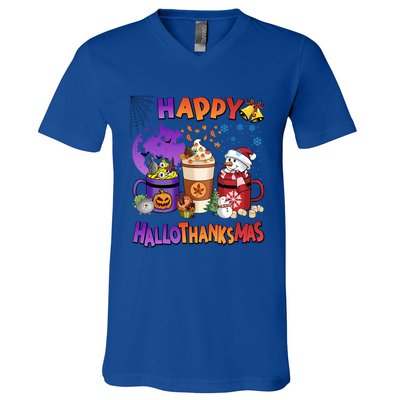 Funny Halloween Thanksgiving Christmas Happy Hallothanksmas Funny Gift V-Neck T-Shirt