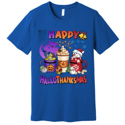 Funny Halloween Thanksgiving Christmas Happy Hallothanksmas Funny Gift Premium T-Shirt