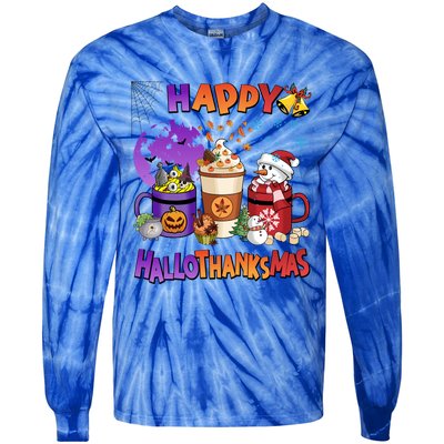 Funny Halloween Thanksgiving Christmas Happy Hallothanksmas Funny Gift Tie-Dye Long Sleeve Shirt