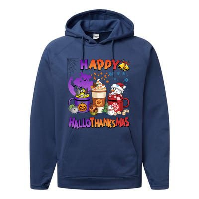 Funny Halloween Thanksgiving Christmas Happy Hallothanksmas Funny Gift Performance Fleece Hoodie