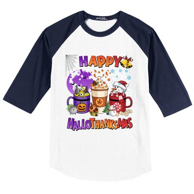 Funny Halloween Thanksgiving Christmas Happy Hallothanksmas Funny Gift Baseball Sleeve Shirt